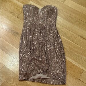 B Darlin Strapless Sequin Dress in Shimmering Rose Gold